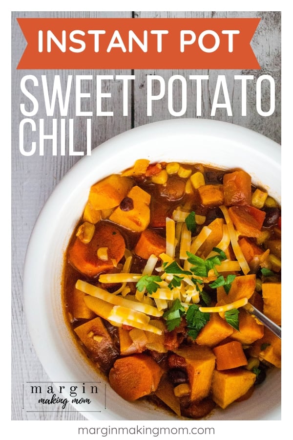 Instant Pot pressure cooker sweet potato chili in a white bowl