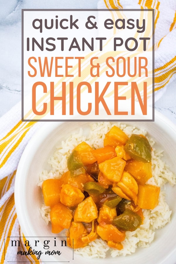 Instant Pot sweet and sour chicken over a bed of white rice in a white bowl