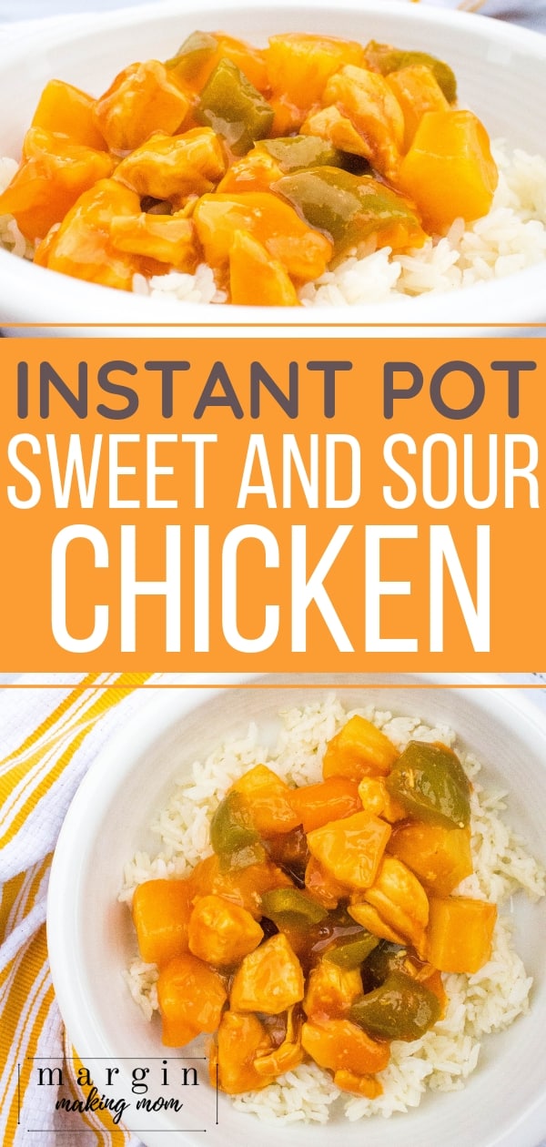 white bowl filled with white rice and Instant Pot sweet and sour chicken
