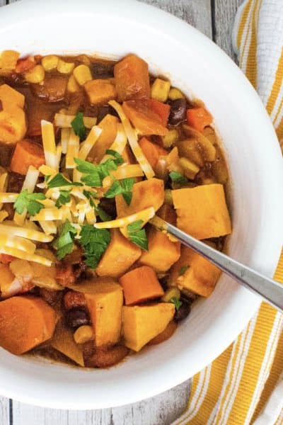 white bowl filled with Instant Pot sweet potato chili