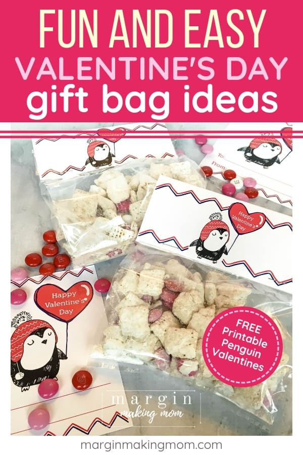 Valentine goodie bags filled with snack mix and topped with free printable penguin bag toppers