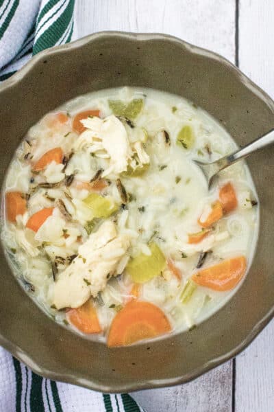 bowl of Instant Pot chicken and wild rice soup