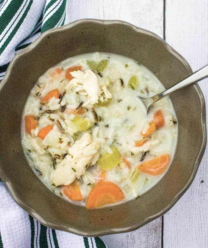 bowl of Instant Pot chicken and wild rice soup