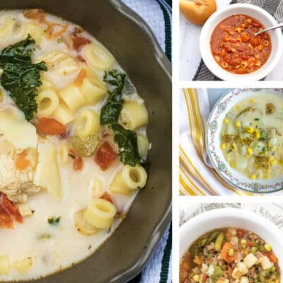 four bowls of different soups