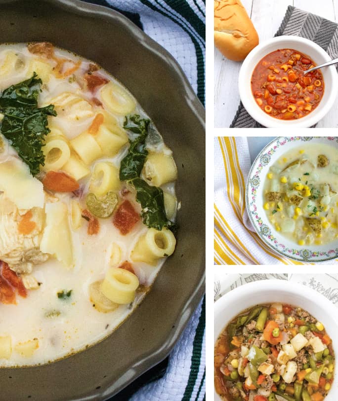 four bowls of different soups