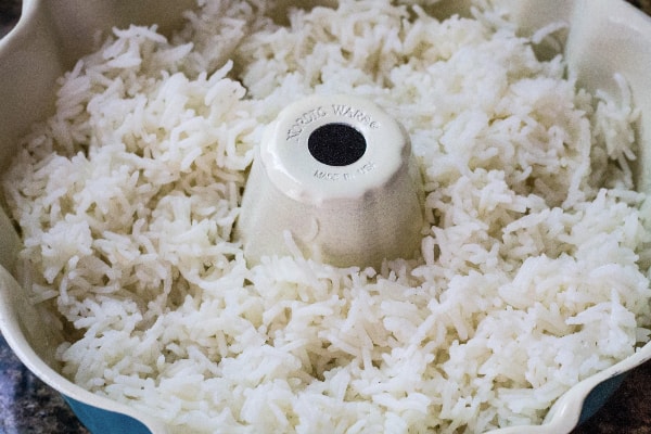 Instant Pot basmati rice in a bundt pan, illustrating the pot in pot method of pressure cooking