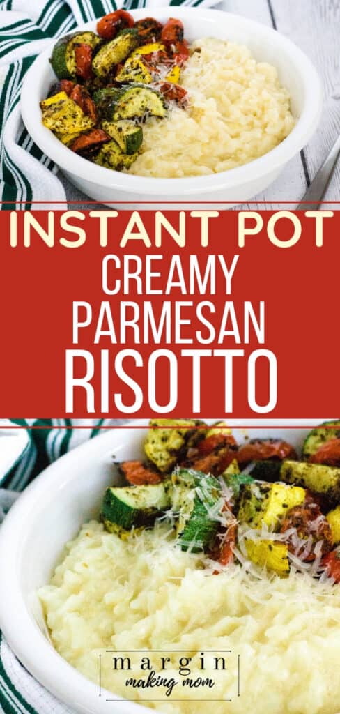 white bowl filled with Instant Pot risotto alongside roasted vegetables