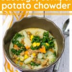brown bowl filled with corn, sausage, and potato chowder cooked in the pressure cooker