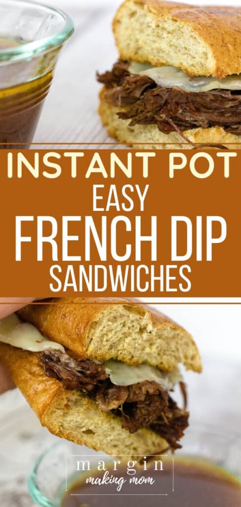 Hand holding a french dip sandwich made using the Instant Pot, above a bowl of au jus