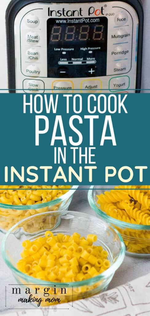 Instant Pot pressure cooker with three glass bowls of dried pasta in front of it