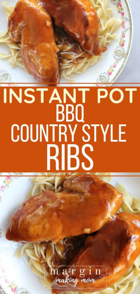 china plate with a bed of egg noodles topped with Instant Pot BBQ country style ribs