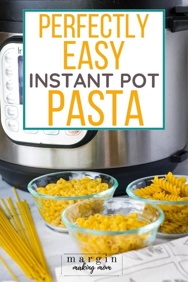 Instant Pot pressure cooker with three small glass bowls of dried pasta