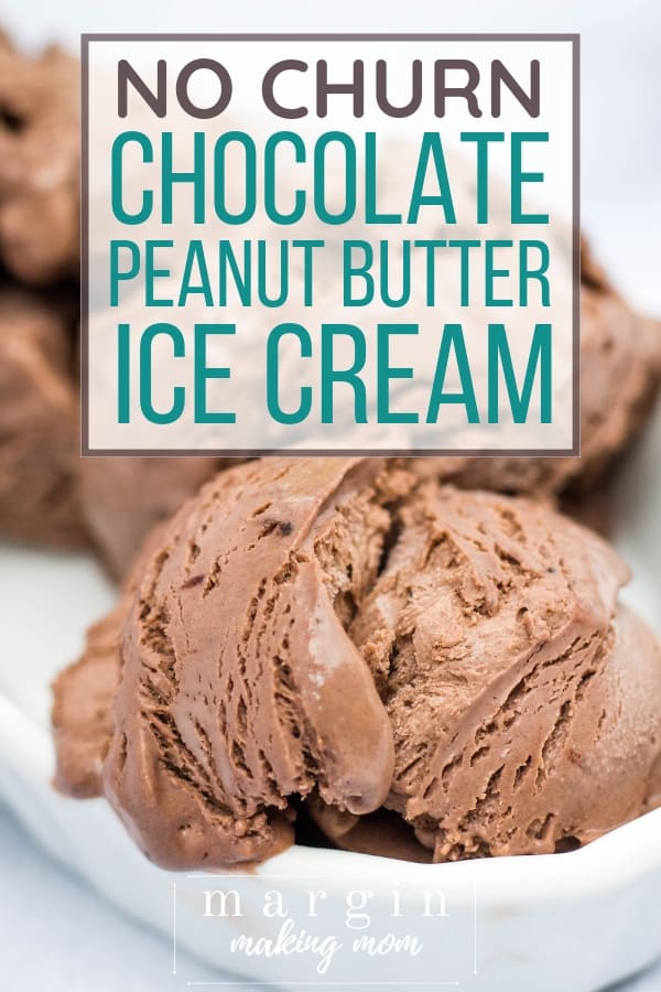 scoops of no churn chocolate peanut butter ice cream in a white dish