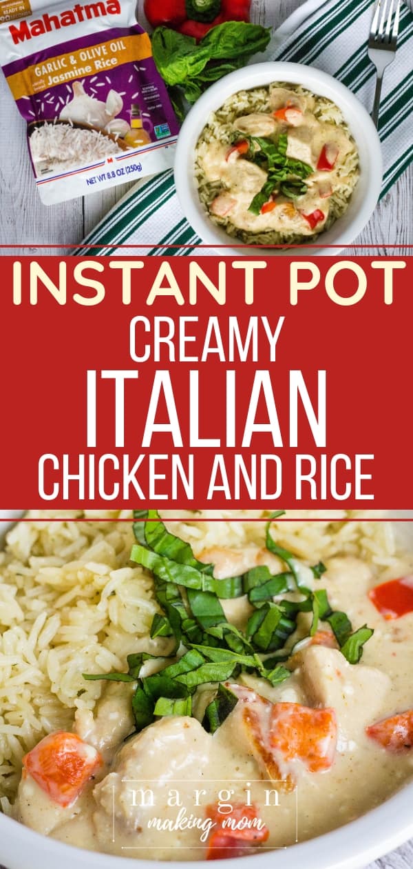 white bowl filled with rice and Instant Pot creamy Italian chicken