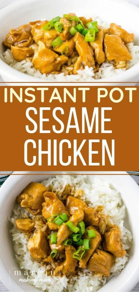 white bowl filled with white rice and sesame chicken cooked in the Instant Pot