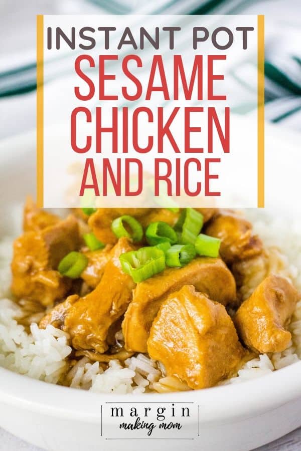white rice topped with Instant Pot sesame chicken and sliced green onions