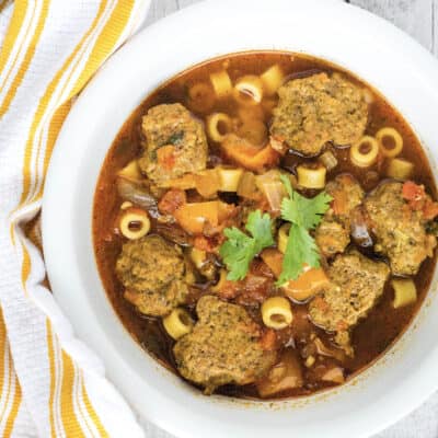 white bowl filled with Instant Pot albondigas soup