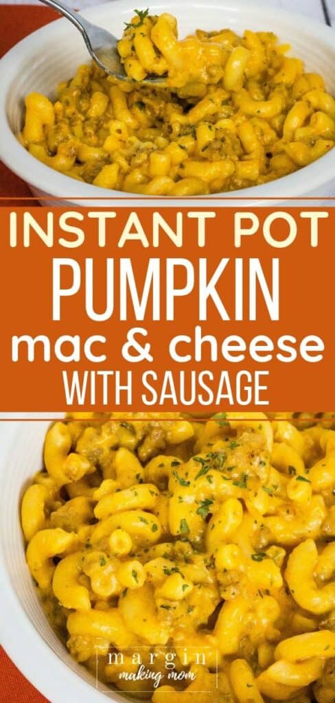 White bowl filled with pumpkin macaroni and cheese made in the Instant Pot