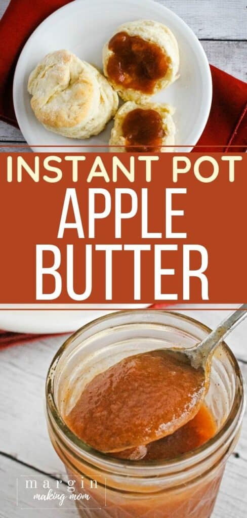 jar of Instant Pot apple butter and a biscuit with apple butter on it