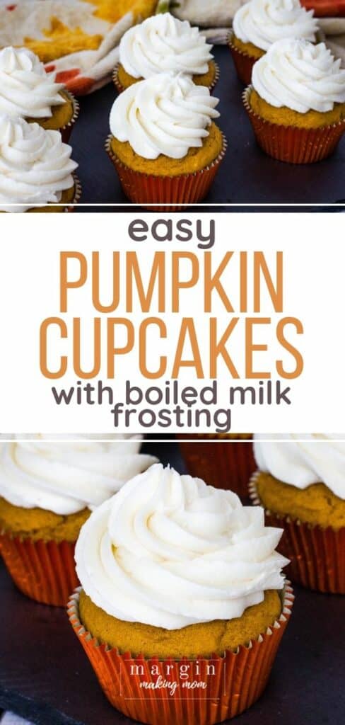 Easy pumpkin cupcakes topped with boiled milk frosting