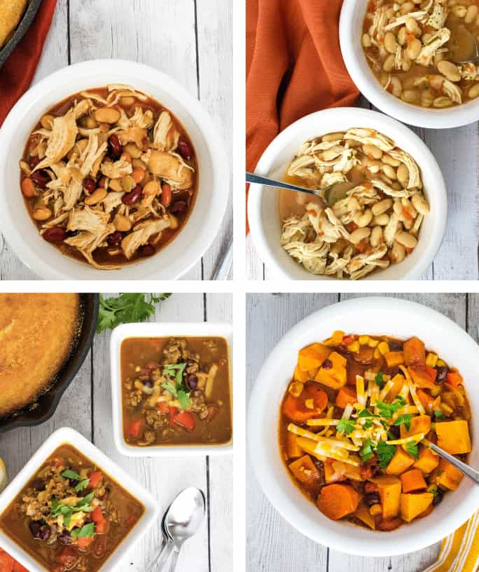 collage of Instant Pot beef chili, Instant pot chicken chili, Instant Pot vegetarian chili, and Instant Pot healthy chili.