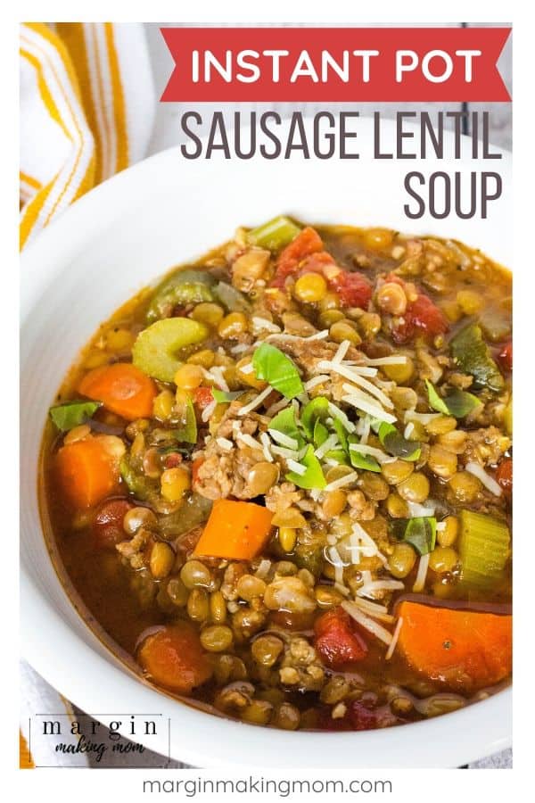 white bowl filled with Instant Pot sausage and lentil soup