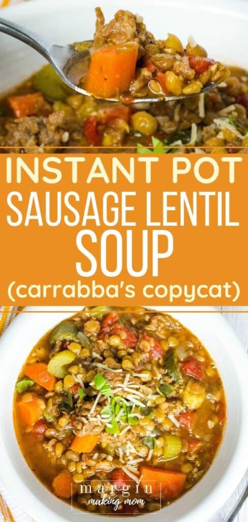 white bowl filled with Instant Pot Italian sausage and lentil soup
