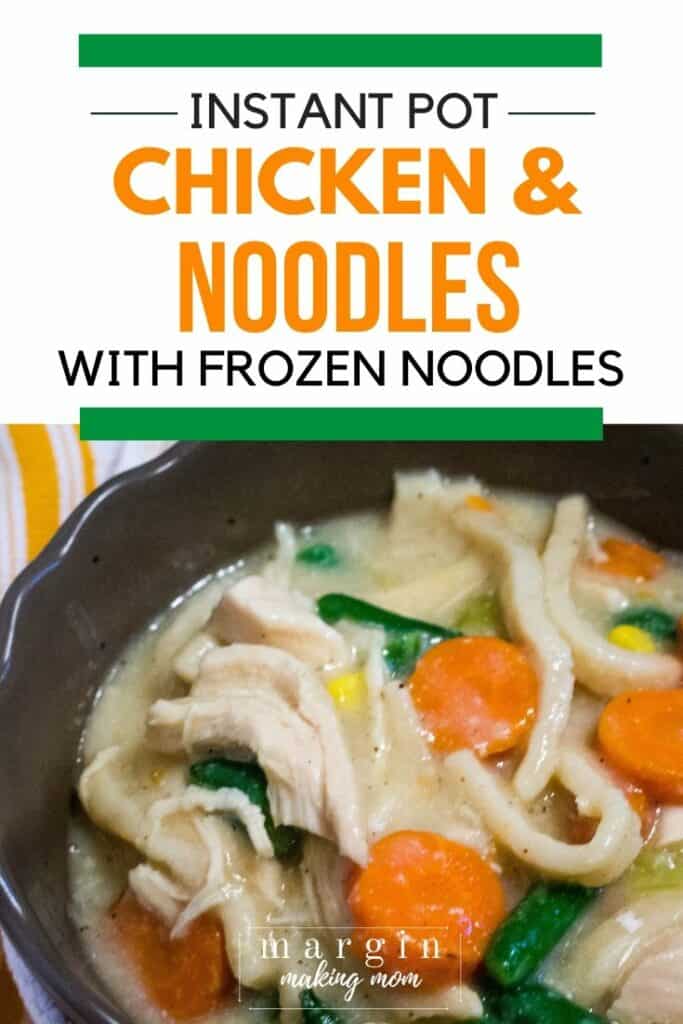 brown bowl filled with chicken and dumplings made with frozen noodles in the Instant Pot