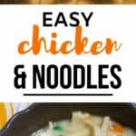 Easy chicken and noodles in a brown bowl