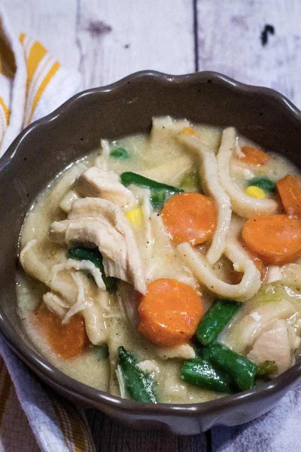 Brown bowl filled with chicken, noodles, carrots, green beans, celery, and corn in a creamy broth.
