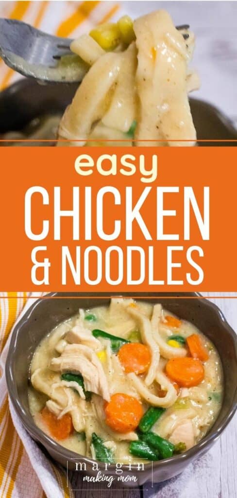 Creamy chicken and dumplings made with noodles, carrots, green beans, celery, and corn in a savory broth.