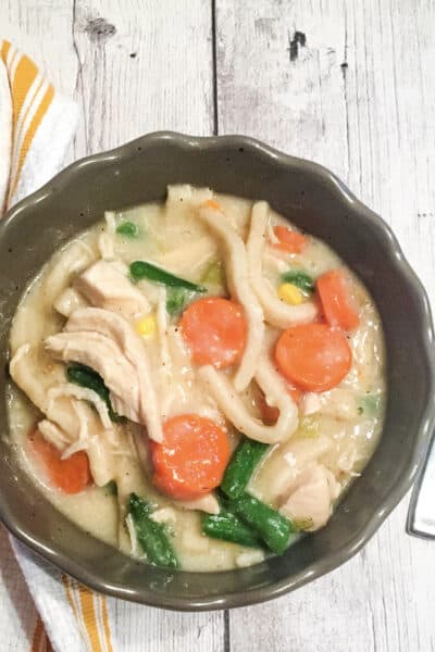 brown bowl filled with chicken and noodles that were cooked in the Instant Pot pressure cooker