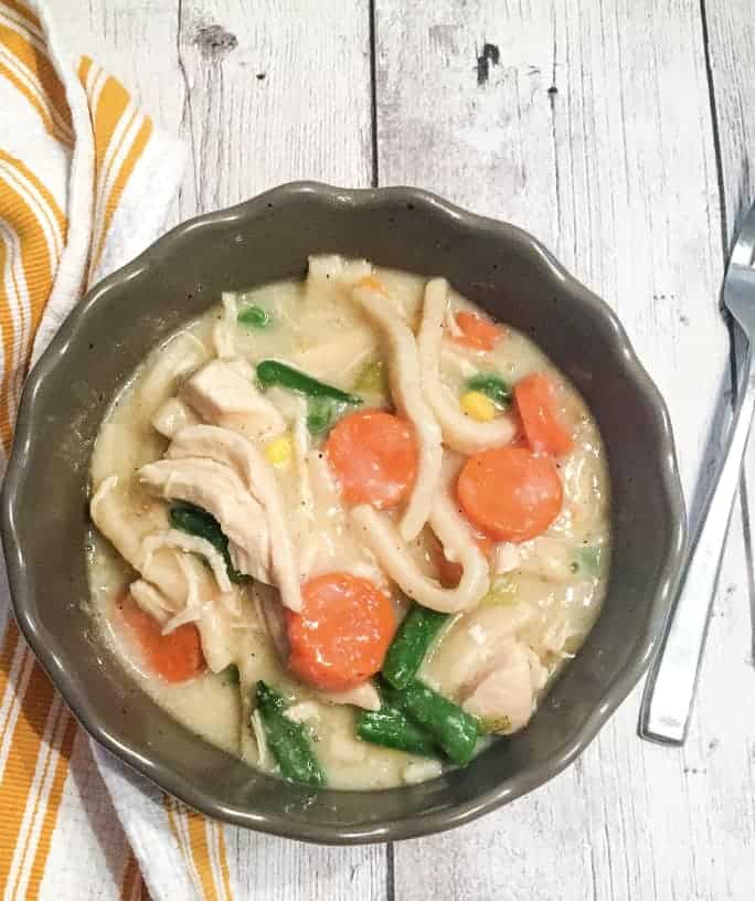 brown bowl filled with chicken and noodles that were cooked in the Instant Pot pressure cooker