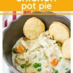 brown bowl filled with chicken pot pie filling cooked in the pressure cooker, then served with biscuits