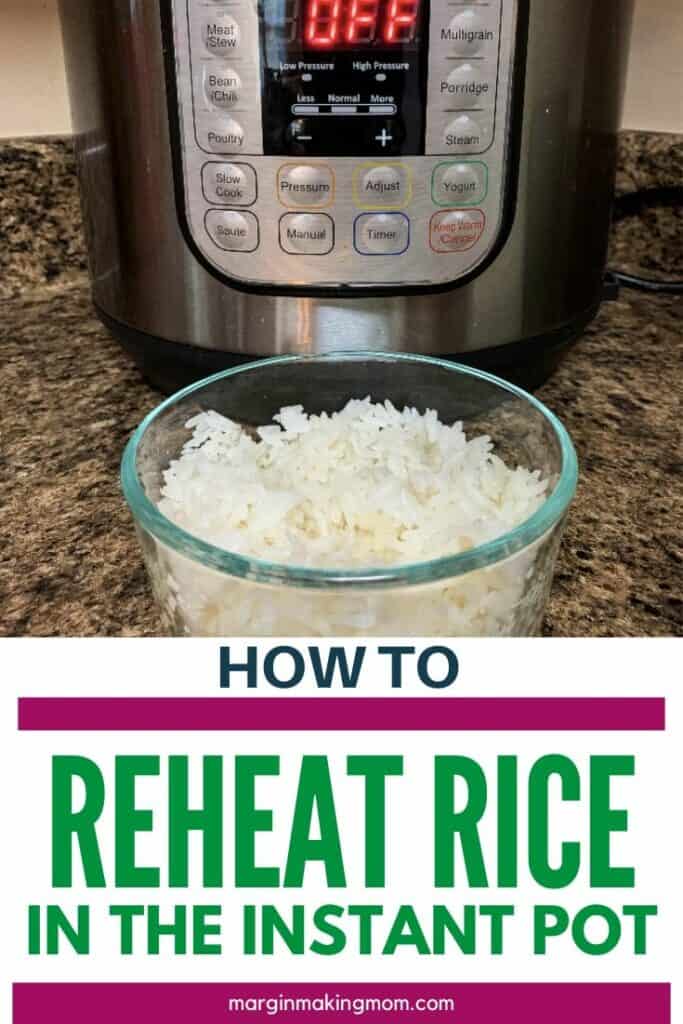 Bowl of white rice in front of an Instant Pot, demonstrating that you can reheat rice in the Instant Pot