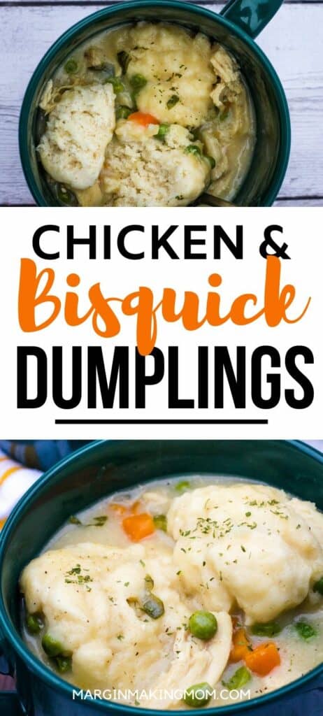 Green bowls filled with chicken and dumplings made with Bisquick