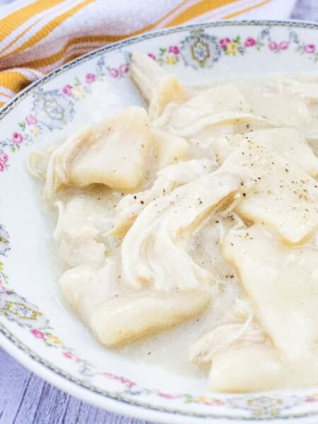 bowl filled with old fashioned chicken and dumplings