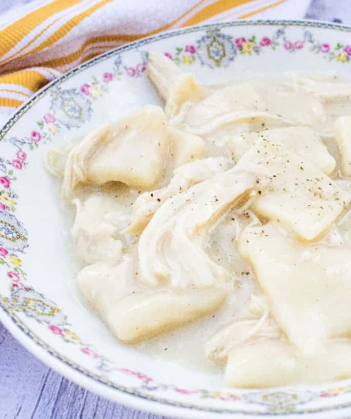 bowl filled with old fashioned chicken and dumplings