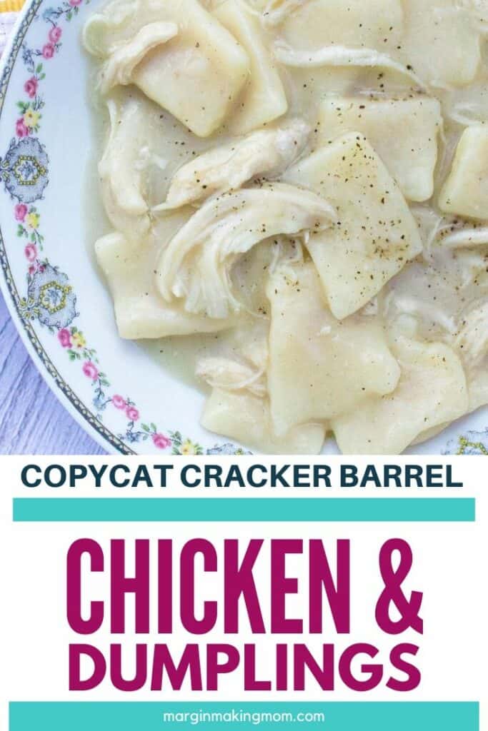China bowl filled with flat dumplings and chicken in a gravy-like broth, similar to Cracker Barrel chicken and dumplings