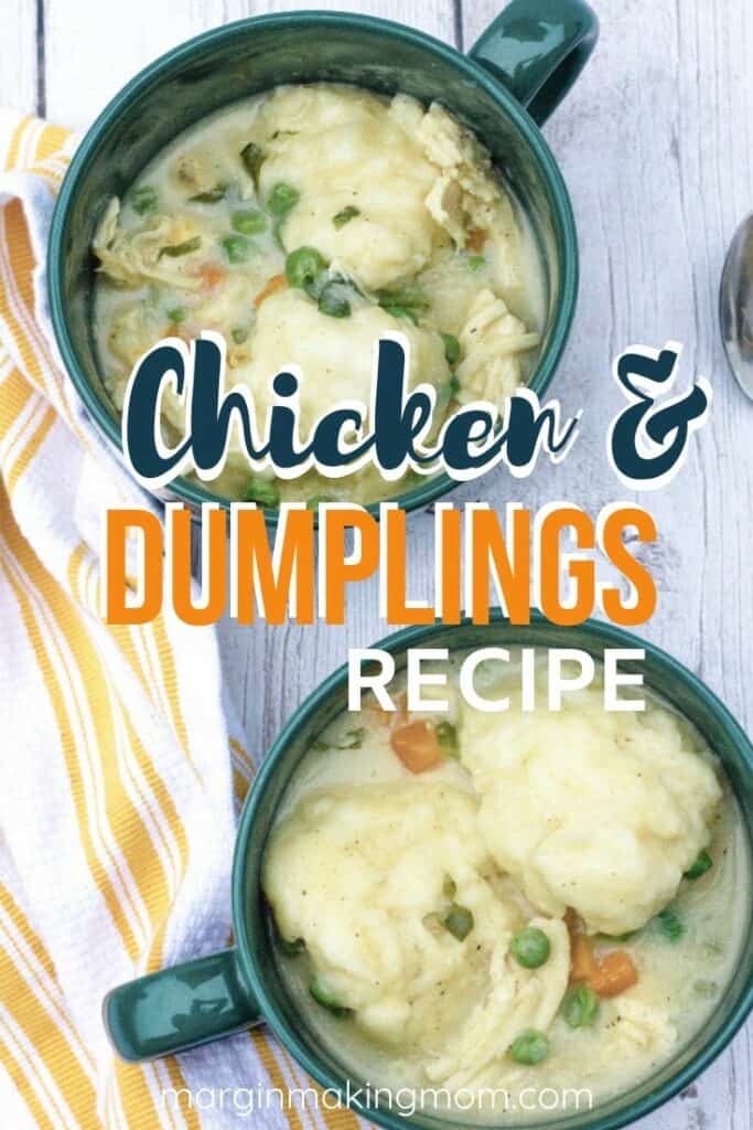 Two soup mugs filled with chicken and dumplings made with Bisquick