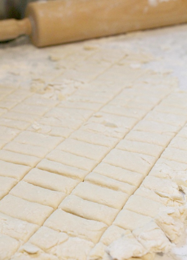 Dumpling dough rolled thin and cut into strips for making chicken and dumplings similar to Cracker Barrel's