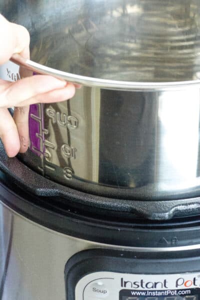 An insert pot being lifted from an Instant Pot