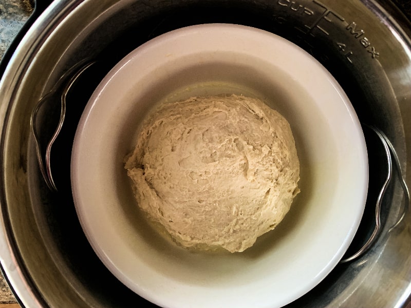 round of bread dough in a dish in the Instant Pot