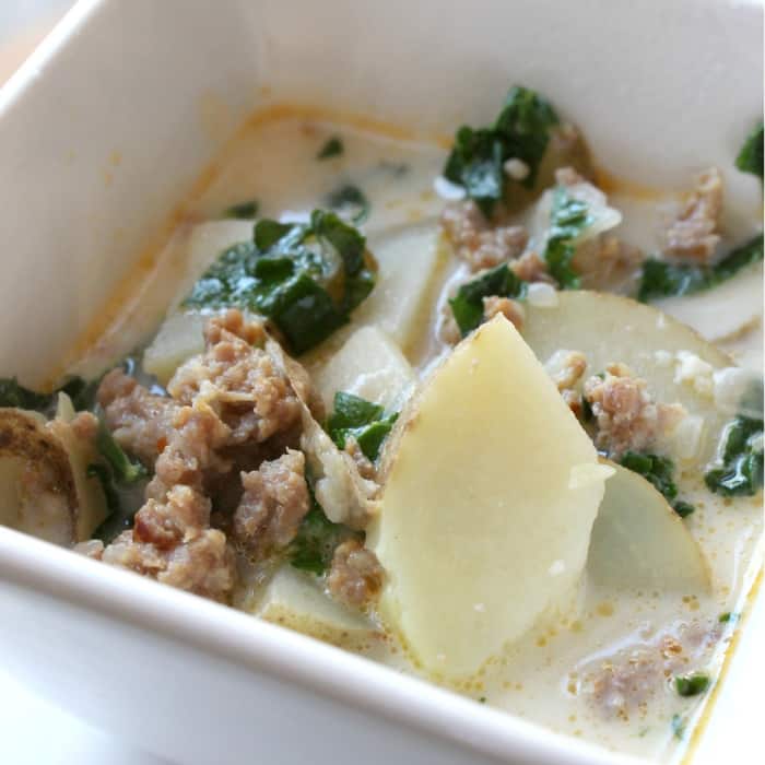 White bowl of zuppa toscana cooked in the Instant Pot, showing an easy recipe for Instant Pot beginners