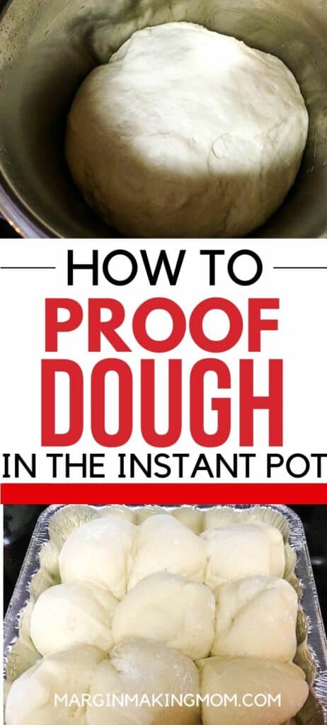 a ball of risen dough in an Instant Pot, as well as a pan of rolls rising before baking