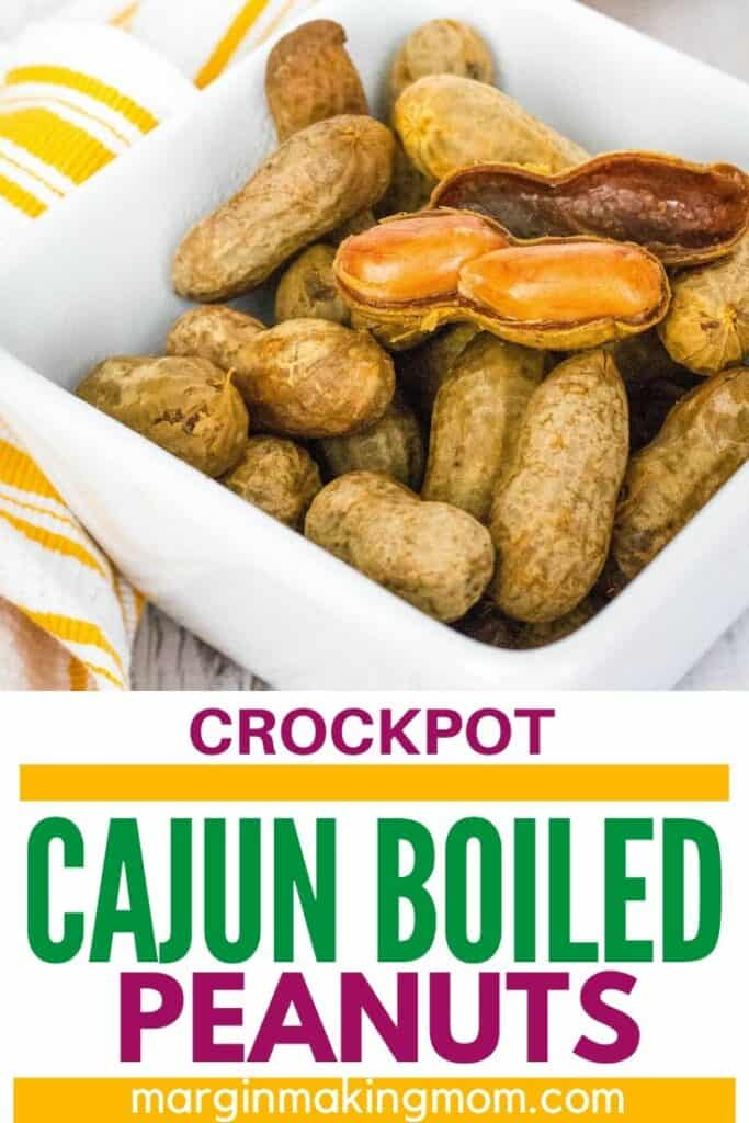 white bowl filled with Cajun boiled peanuts cooked in the Crockpot
