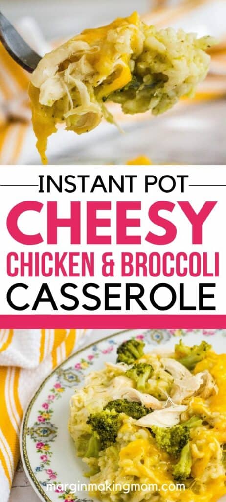 A fork with a bite of Instant Pot cheesy chicken, broccoli, and rice casserole on it