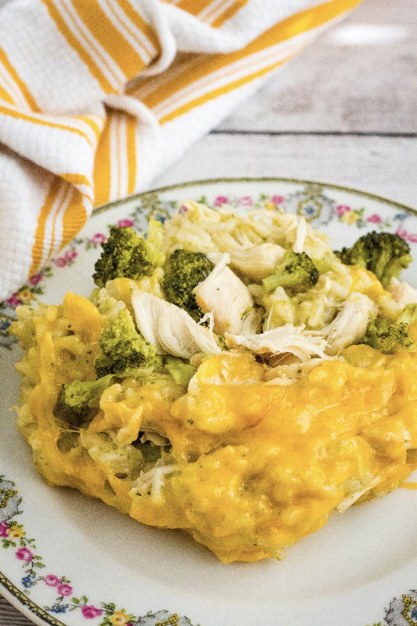 cheesy chicken and broccoli rice casserole that was cooked in the Instant Pot