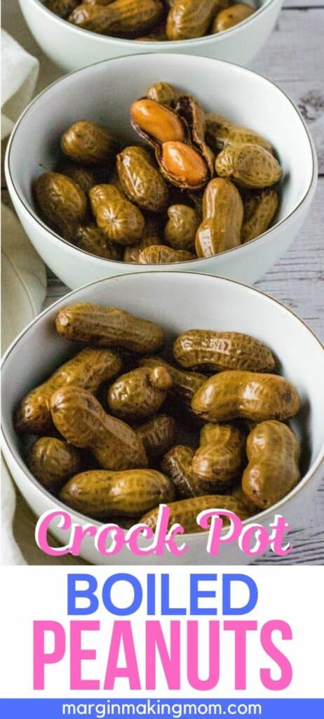three white bowls filled with crockpot boiled peanuts