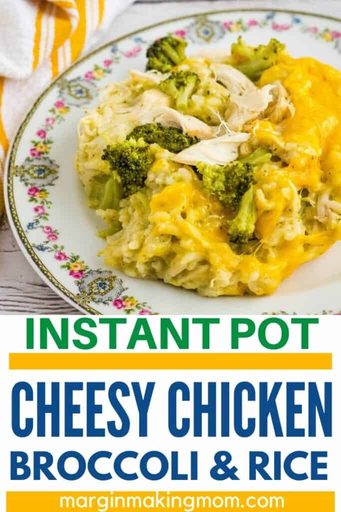 china plate with a serving of Instant Pot cheesy chicken, broccoli, and rice casserole on it